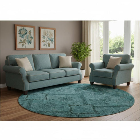 8' Teal And Gray Floral Washable Round Rug With UV Protection