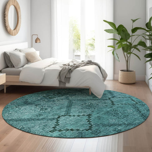 8' Teal And Gray Floral Washable Round Rug With UV Protection