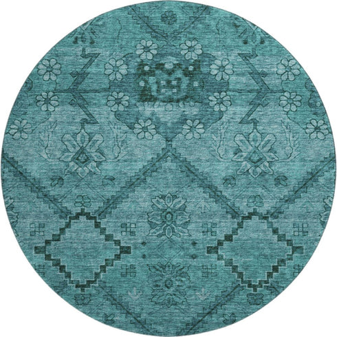 8' Teal And Gray Floral Washable Round Rug With UV Protection