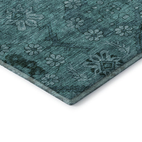 8' Teal And Gray Floral Washable Round Rug With UV Protection