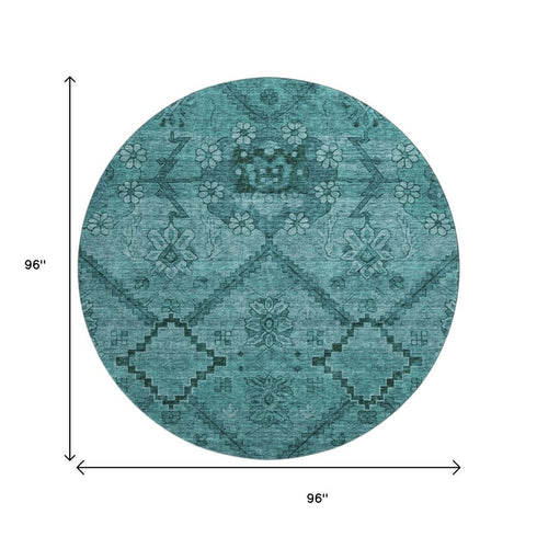 8' Teal And Gray Floral Washable Round Rug With UV Protection