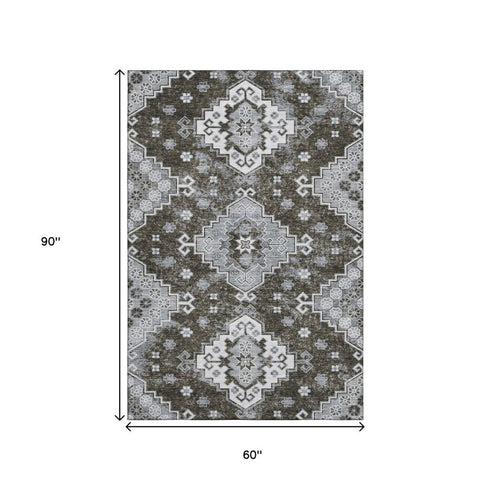 5' X 8' Chocolate Gray And Ivory Medallion Washable Area Rug With UV Protection