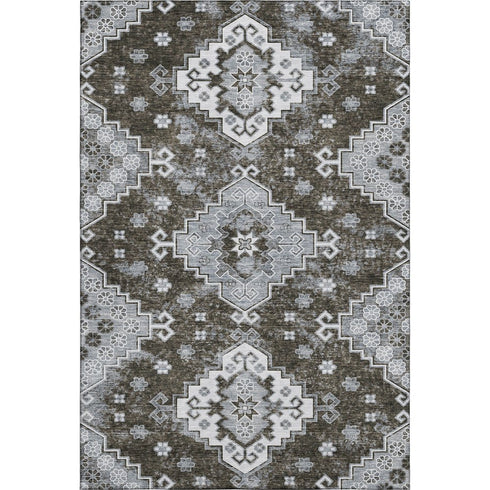 5' X 8' Chocolate Gray And Ivory Medallion Washable Area Rug With UV Protection