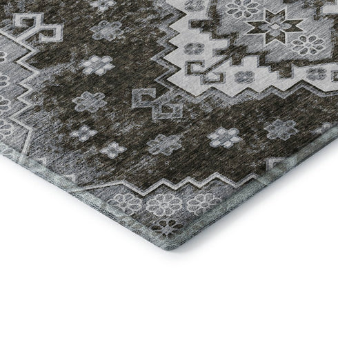 5' X 8' Chocolate Gray And Ivory Medallion Washable Area Rug With UV Protection