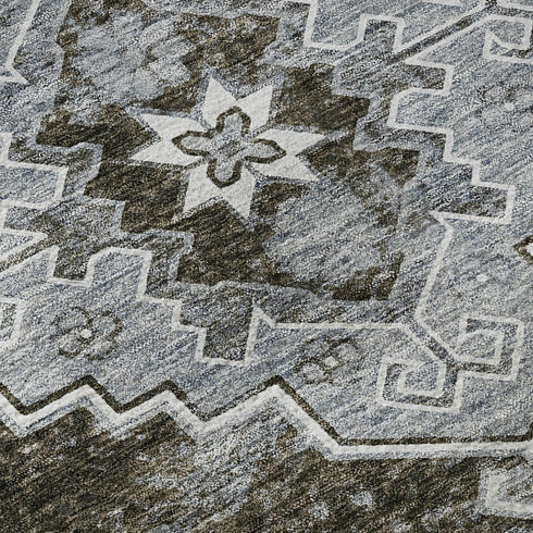 5' X 8' Chocolate Gray And Ivory Medallion Washable Area Rug With UV Protection