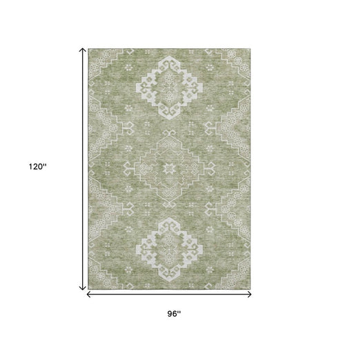 8' X 10' Artichoke Green And Ivory Medallion Washable Area Rug With UV Protection