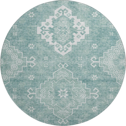 8' Aqua And Ivory Medallion Washable Round Rug With UV Protection