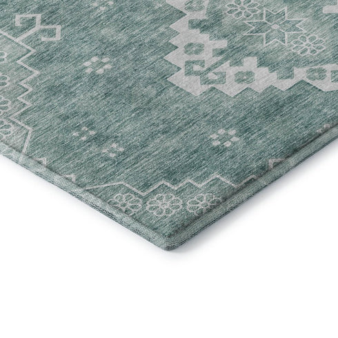 8' Aqua And Ivory Medallion Washable Round Rug With UV Protection