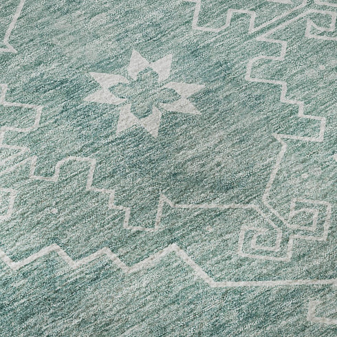 8' Aqua And Ivory Medallion Washable Round Rug With UV Protection