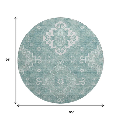 8' Aqua And Ivory Medallion Washable Round Rug With UV Protection
