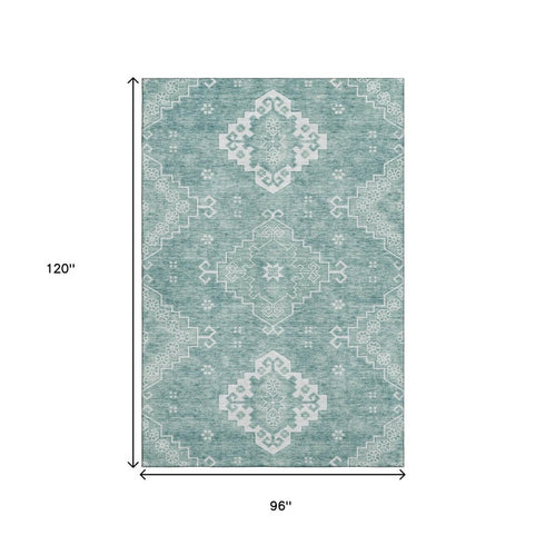8' X 10' Aqua And Ivory Medallion Washable Area Rug With UV Protection