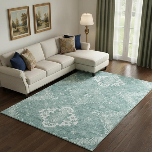 8' X 10' Aqua And Ivory Medallion Washable Area Rug With UV Protection