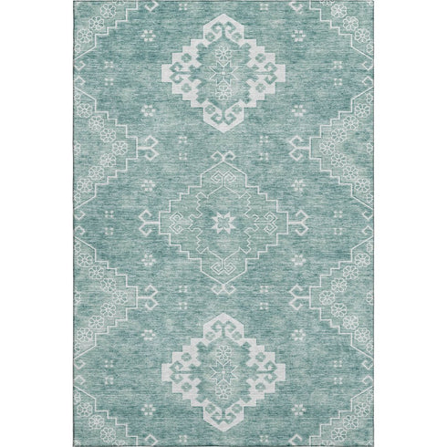 8' X 10' Aqua And Ivory Medallion Washable Area Rug With UV Protection