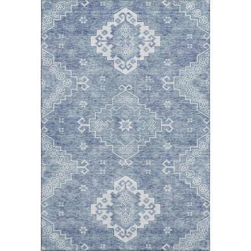 5' X 8' Blue And Ivory Medallion Washable Area Rug With UV Protection