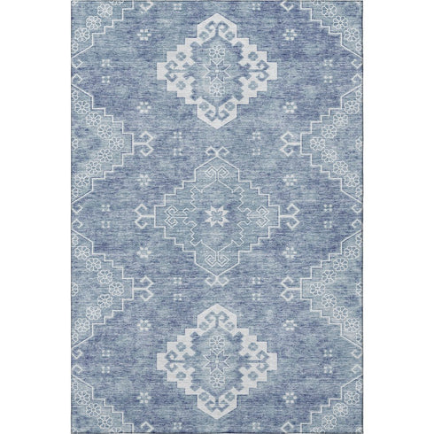 5' X 8' Blue And Ivory Medallion Washable Area Rug With UV Protection