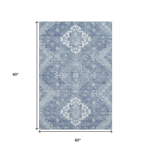 5' X 8' Blue And Ivory Medallion Washable Area Rug With UV Protection