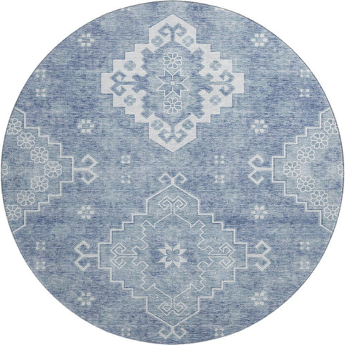 8' Blue And Ivory Medallion Washable Round Rug With UV Protection