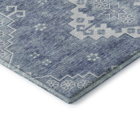 8' Blue And Ivory Medallion Washable Round Rug With UV Protection