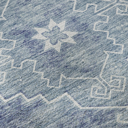 8' Blue And Ivory Medallion Washable Round Rug With UV Protection