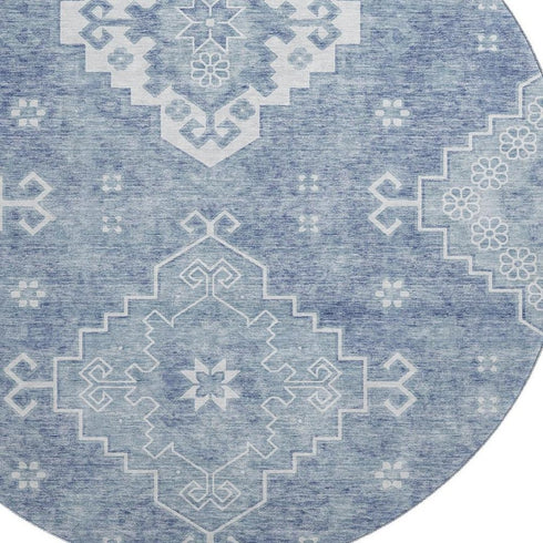 8' Blue And Ivory Medallion Washable Round Rug With UV Protection