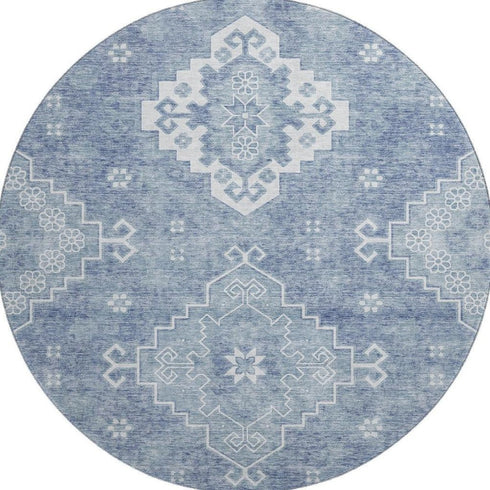 8' Blue And Ivory Medallion Washable Round Rug With UV Protection