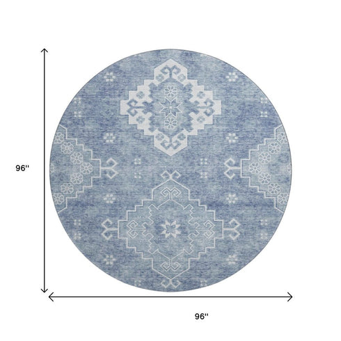 8' Blue And Ivory Medallion Washable Round Rug With UV Protection