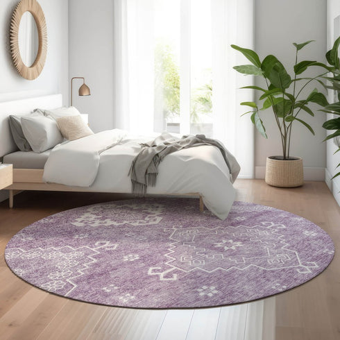 8' Lavender And Ivory Medallion Washable Round Rug With UV Protection