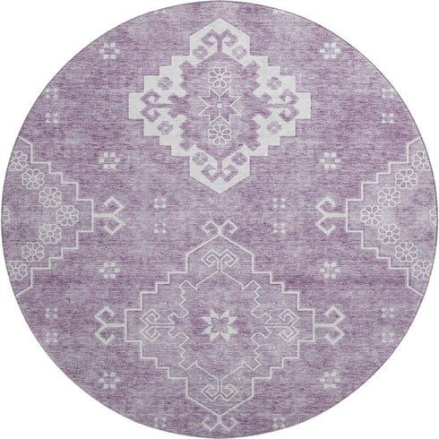 8' Lavender And Ivory Medallion Washable Round Rug With UV Protection