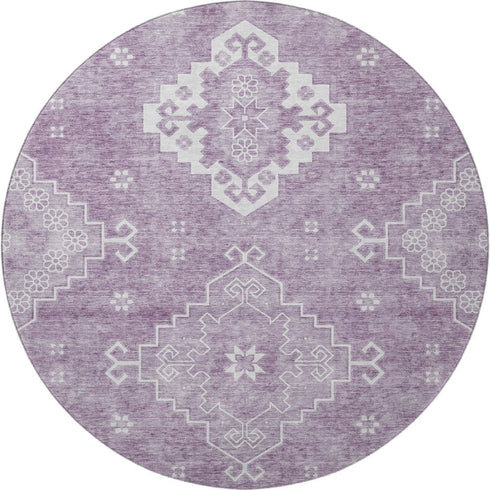 8' Lavender And Ivory Medallion Washable Round Rug With UV Protection