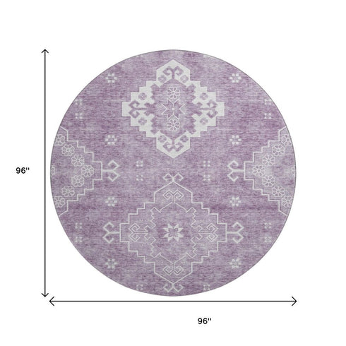 8' Lavender And Ivory Medallion Washable Round Rug With UV Protection