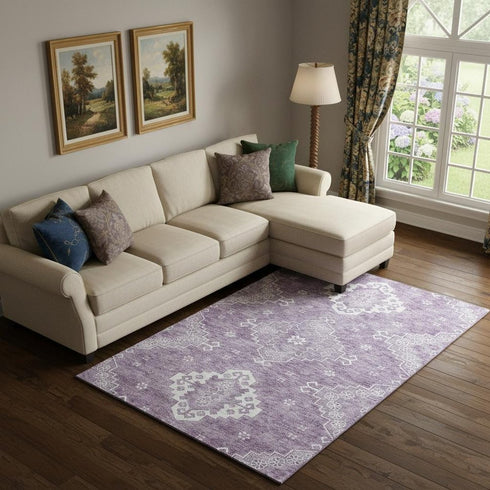 8' X 10' Lavender And Ivory Medallion Washable Area Rug With UV Protection