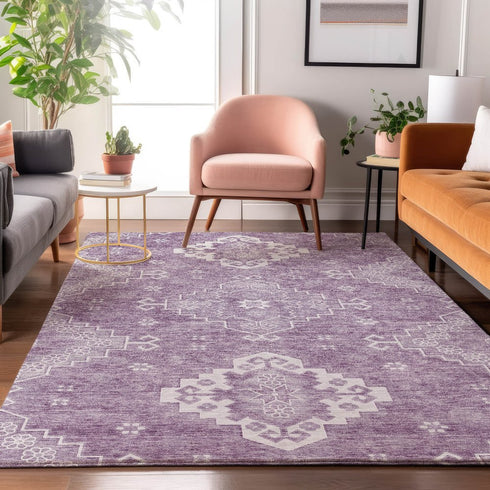 8' X 10' Lavender And Ivory Medallion Washable Area Rug With UV Protection
