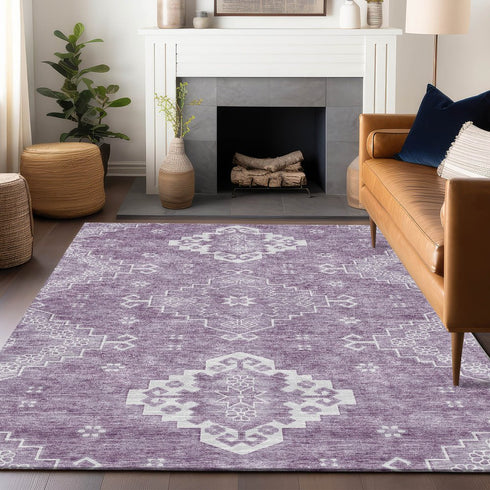 8' X 10' Lavender And Ivory Medallion Washable Area Rug With UV Protection