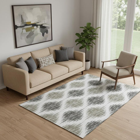 5' X 8' Taupe And Ivory Ikat Washable Area Rug With UV Protection