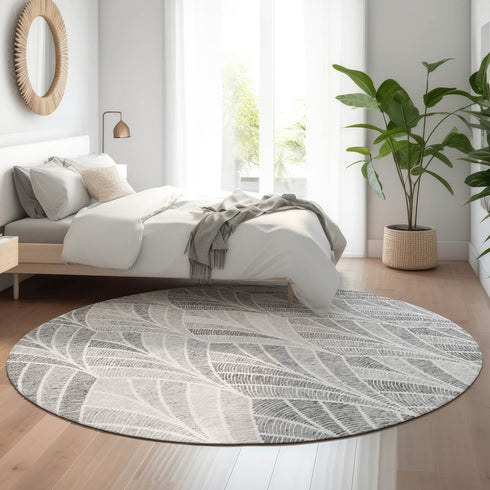 8' Gray And Ivory Geometric Washable Round Rug With UV Protection
