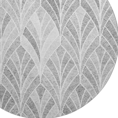 8' Gray And Ivory Geometric Washable Round Rug With UV Protection