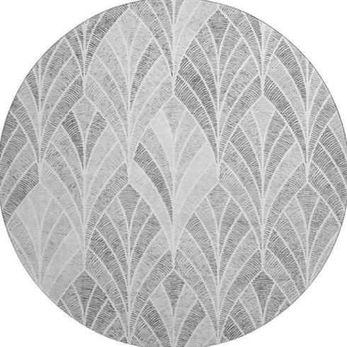 8' Gray And Ivory Geometric Washable Round Rug With UV Protection