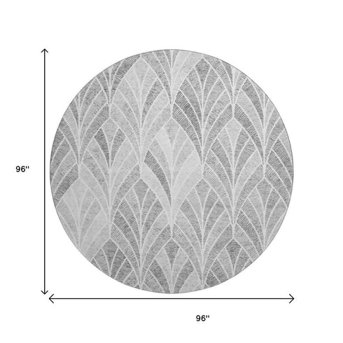 8' Gray And Ivory Geometric Washable Round Rug With UV Protection