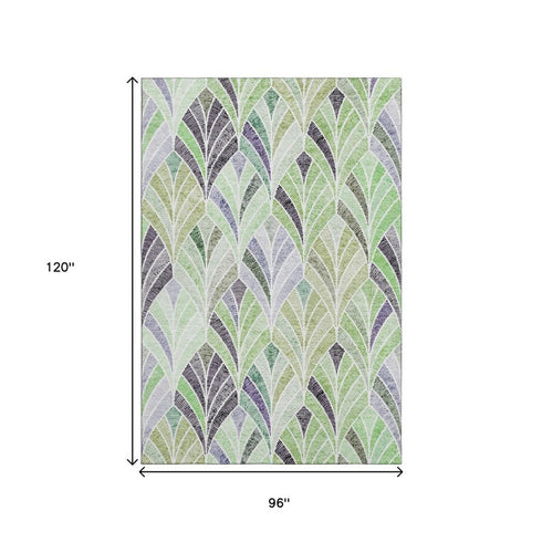 8' X 10' Green Purple And Ivory Geometric Washable Area Rug With UV Protection