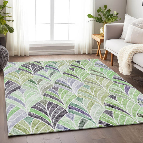 8' X 10' Green Purple And Ivory Geometric Washable Area Rug With UV Protection