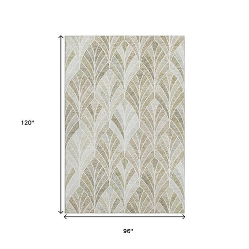 8' X 10' Khaki Beige And Ivory Geometric Washable Area Rug With UV Protection