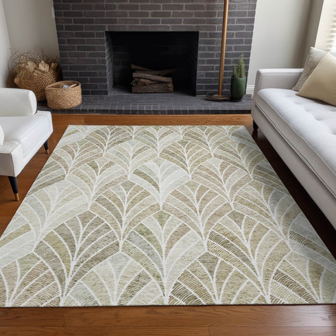 8' X 10' Khaki Beige And Ivory Geometric Washable Area Rug With UV Protection