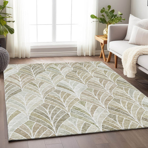 8' X 10' Khaki Beige And Ivory Geometric Washable Area Rug With UV Protection