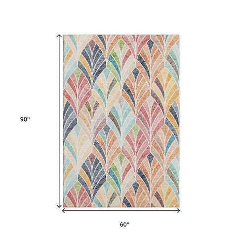 5' X 8' Orange Gold And Blue Geometric Washable Area Rug With UV Protection