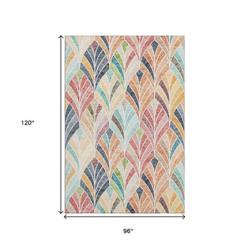 8' X 10' Orange Gold And Blue Geometric Washable Area Rug With UV Protection