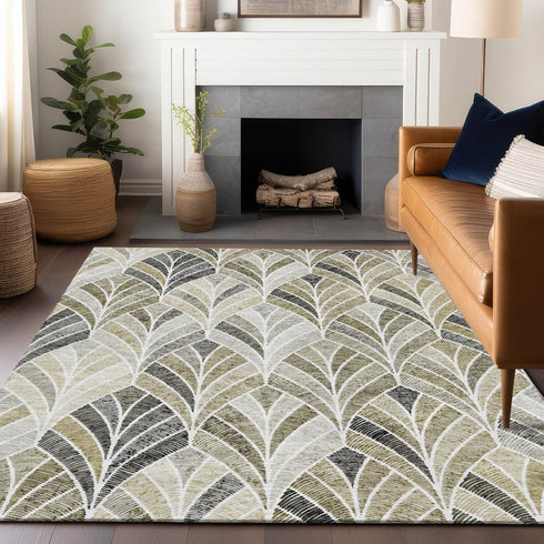 8' X 10' Taupe And Ivory Geometric Washable Area Rug With UV Protection