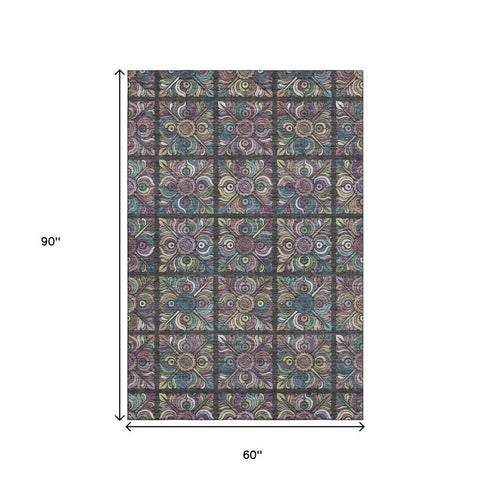 5' X 8' Black Purple And Teal Medallion Washable Area Rug With UV Protection