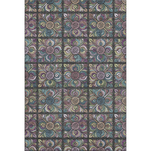 5' X 8' Black Purple And Teal Medallion Washable Area Rug With UV Protection