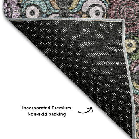 5' X 8' Black Purple And Teal Medallion Washable Area Rug With UV Protection