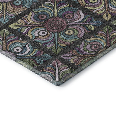 5' X 8' Black Purple And Teal Medallion Washable Area Rug With UV Protection